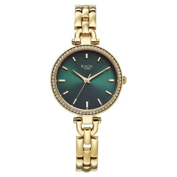 Titan Raga Showstopper Quartz Analog Green Dial Golden Metal Strap Watch For Women - image number 0