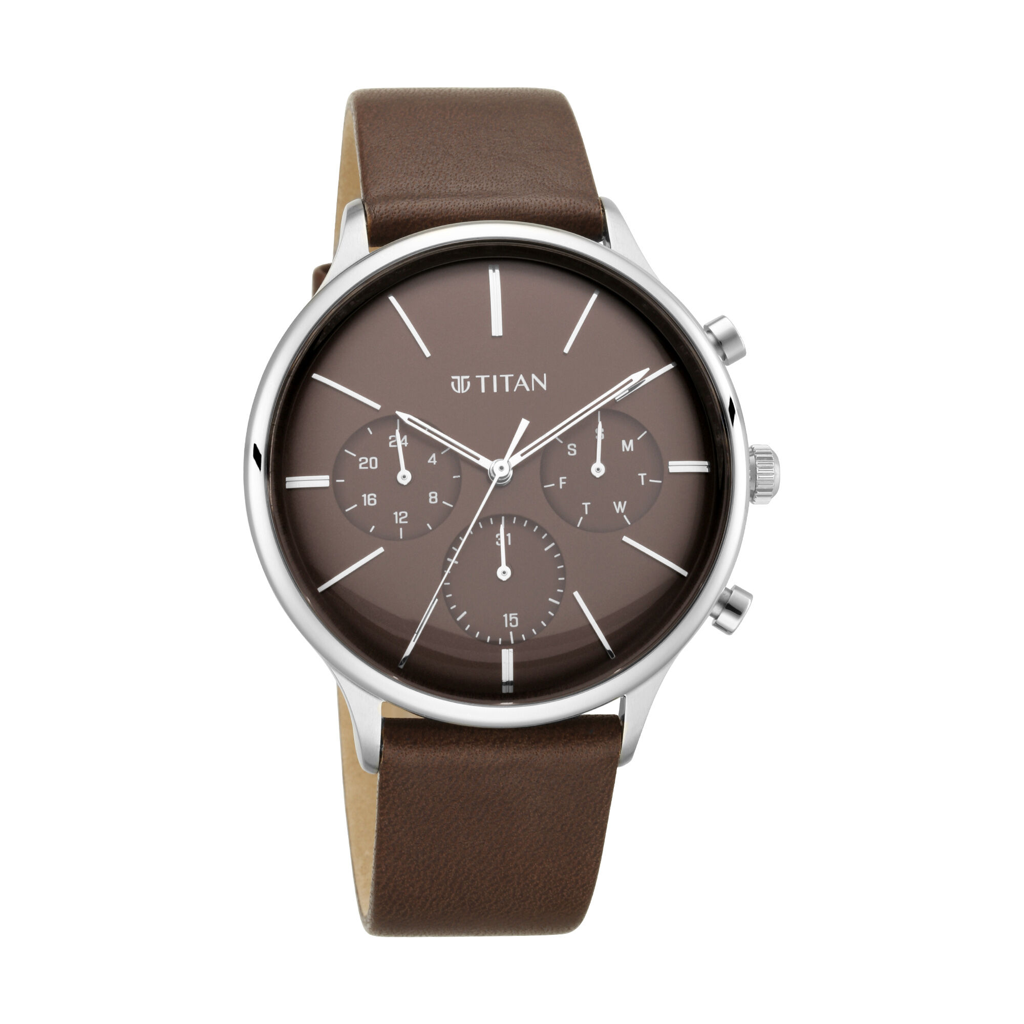 Buy Online Titan Quartz Multifunction Brown Dial Leather Strap