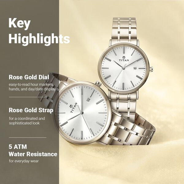 Titan Quartz Analog with Date Rose Gold Dial Stainless Steel Strap Watch for Couple - image number 1