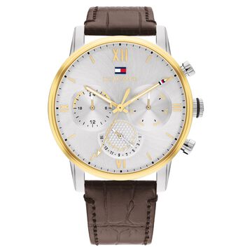 Tommy Hilfiger Multifunction Silver Round Dial Brown Leather Strap Watch For Men