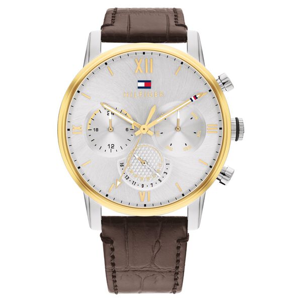 Tommy Hilfiger Multifunction Silver Round Dial Brown Leather Strap Watch For Men - image number 0