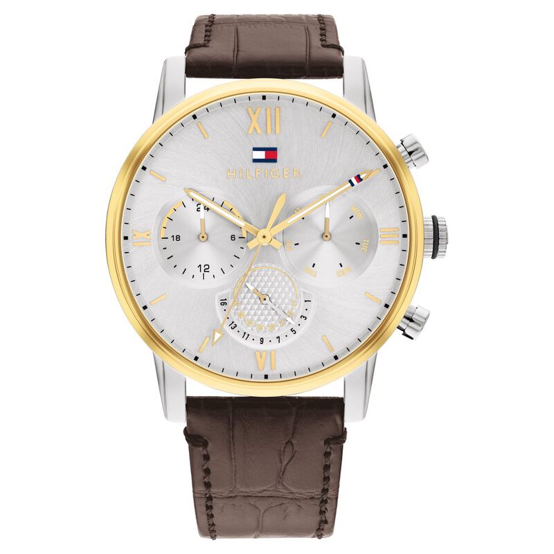 Tommy Hilfiger Multifunction Silver Round Dial Brown Leather Strap Watch For Men