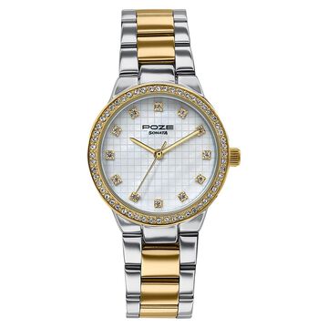 Sonata Poze Quartz Analog White Dial Two Toned Colour Stainless Steel Strap Watch For Women