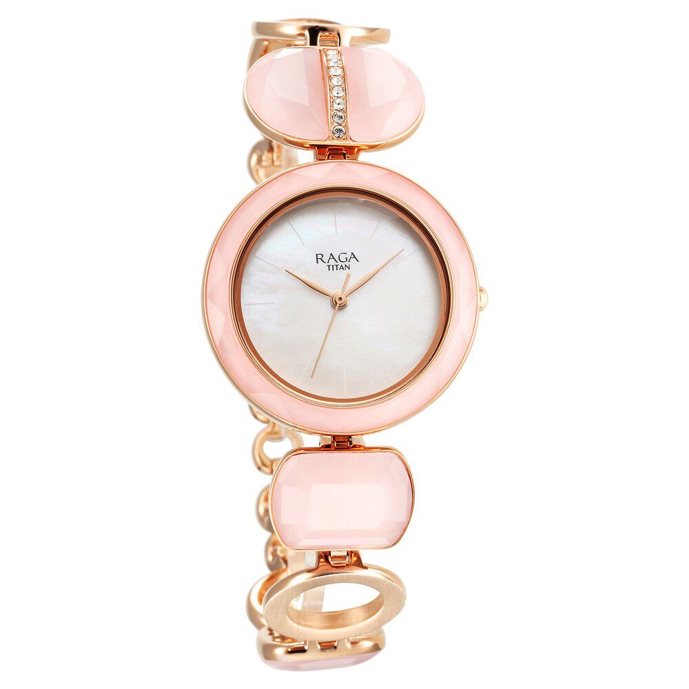 Titan Raga New You Quartz Analog Mother Of Pearl Dial Rose Quartz stone Strap Watch for Women