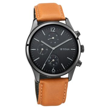Titan Men's Metropolitan Charm: Men's Multifunctional Black Watch with Leather Strap