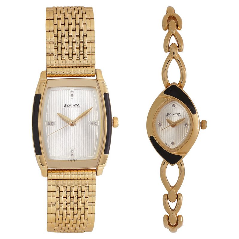 Sonata Quartz Analog Champagne Dial Stainless Steel Strap Watch for Couple - image number 0