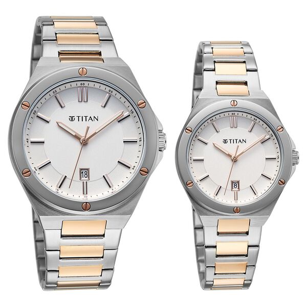 Titan Modern Bandhan Pair Analog with White Dial Dual Tone Rose Gold Stainless Steel Strap Watch for Couples - image number 1