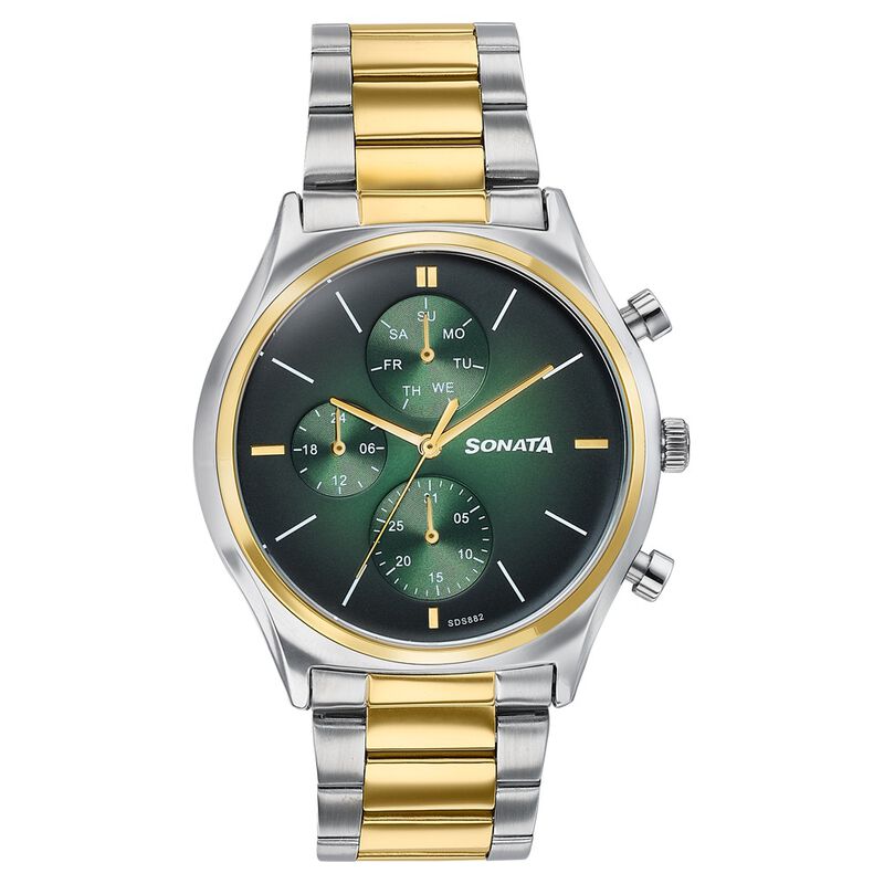 Sonata Festive Quartz Multifunction Green Dial Two Toned Metal Strap Watch For Men