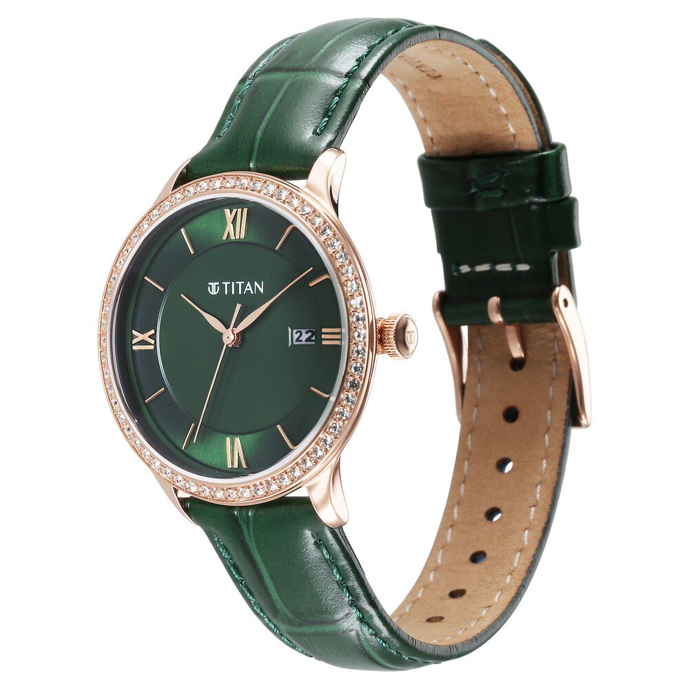 Buy Online Titan Bright Leathers Green Dial Analog with Date Leather Strap Watch for Women ns95247wl02 Titan