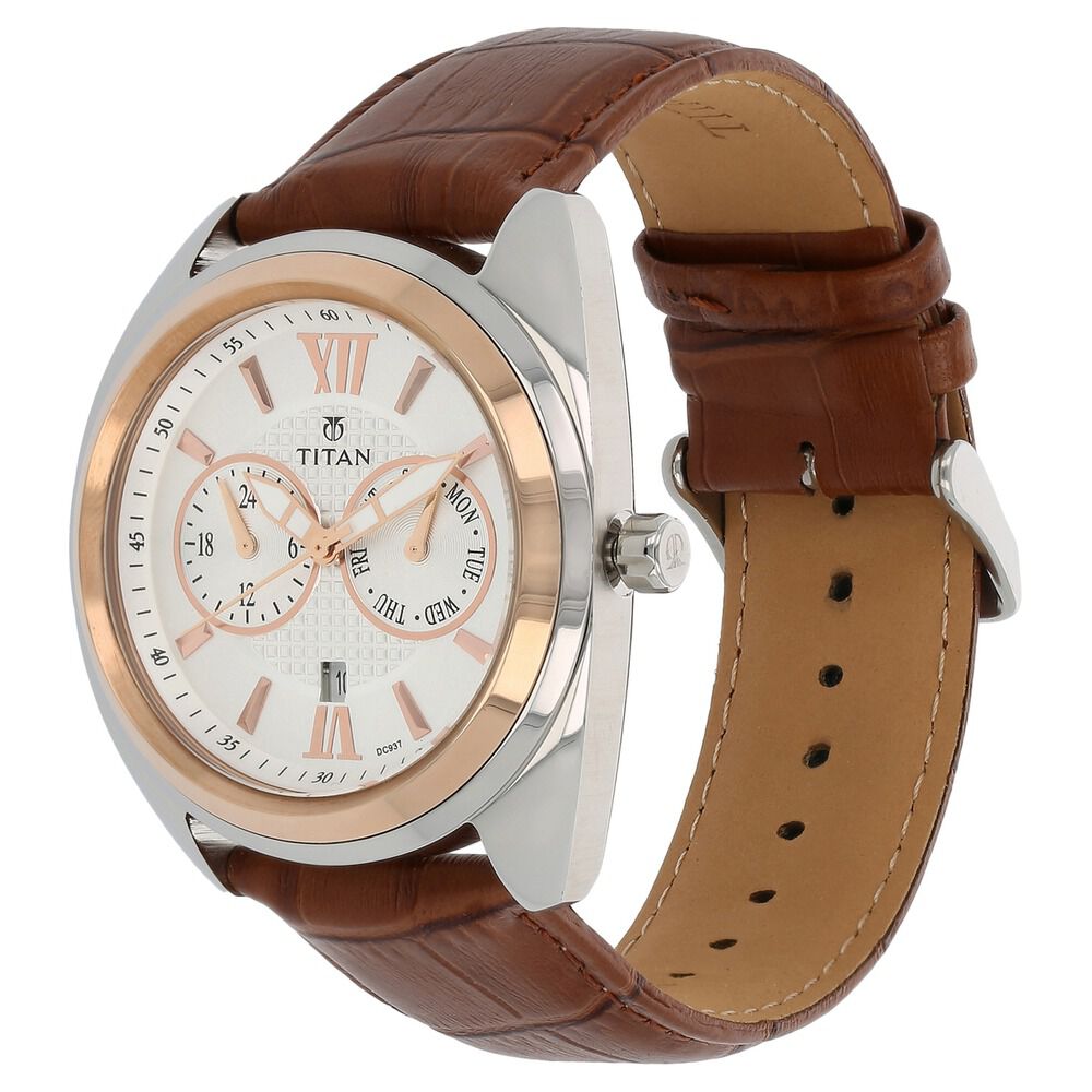 Titan Quartz Analog Silver Dial Leather Strap Watch for Men