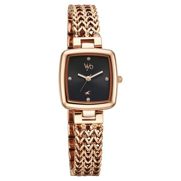 Fastrack Vyb Showstopper Quartz Analog Black Dial Rose Gold Metal Strap Watch For Girls