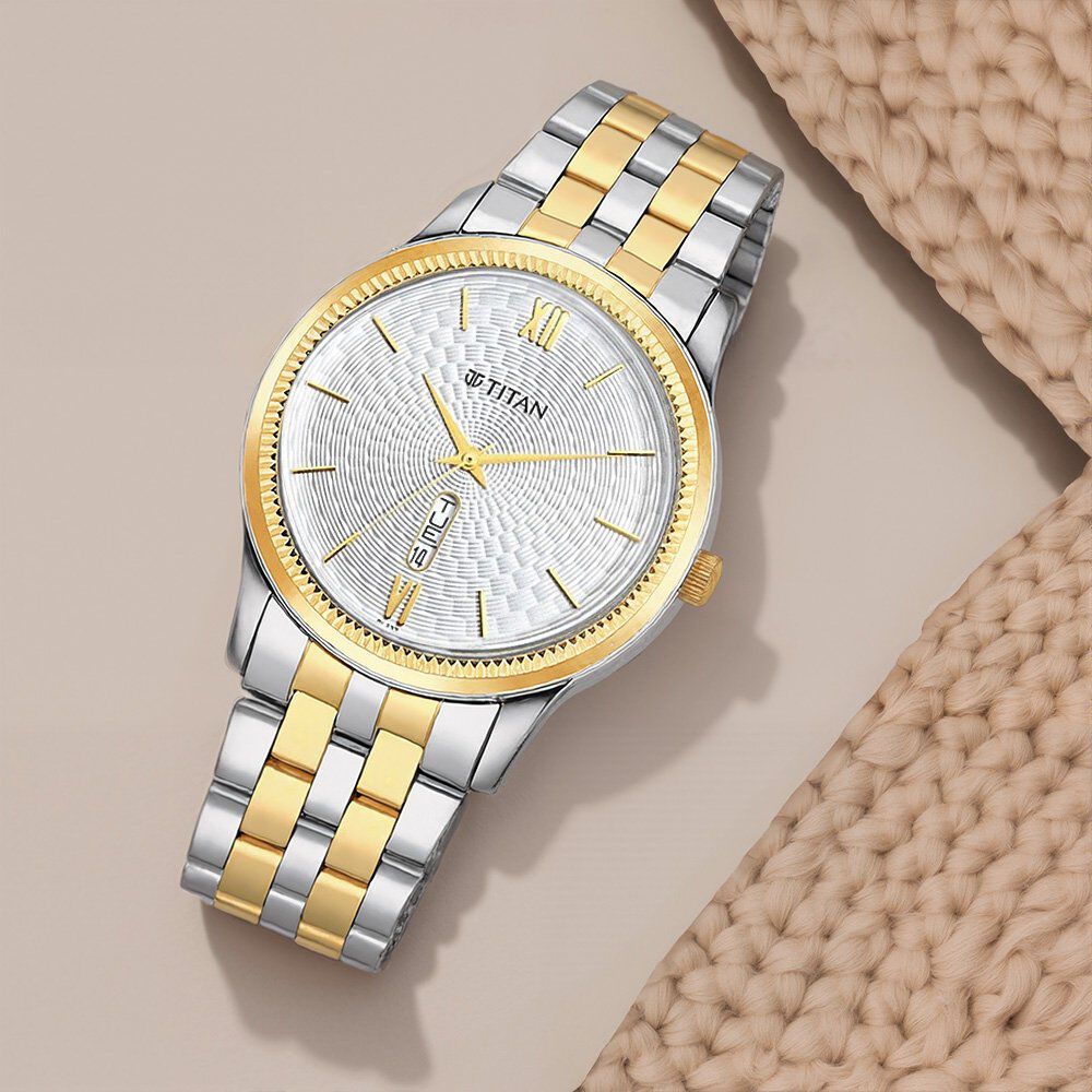 Titan Metal White Dial Analog with Day and Date Metal Strap watch for Men