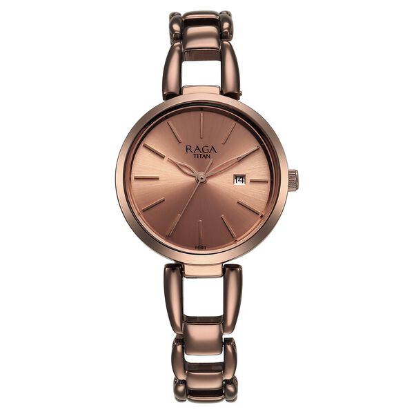 Titan Raga Viva Quartz Analog with Date Rose Gold Dial Brown Metal Strap  Watch for Women