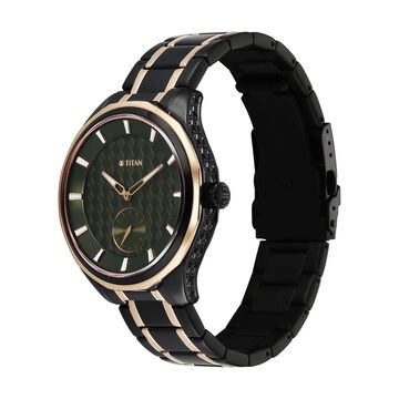 Titan Regalia Opulent Offset Second Hand Green Dial Rose Gold And Black Bimetal Strap Watch For Men