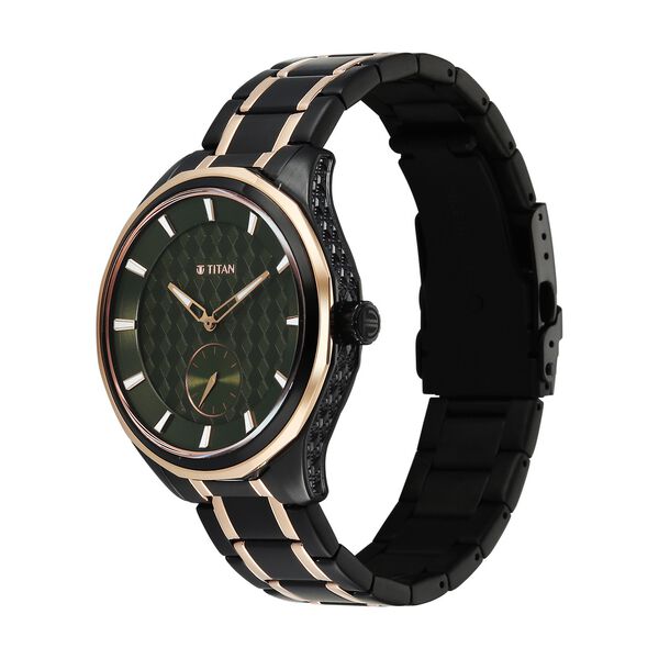 Titan Regalia Opulent Offset Second Hand Green Dial Rose Gold And Black Bimetal Strap Watch For Men - image number 4