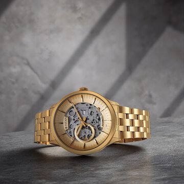 Titan Metal Mechanicals Golden Dial Golden Stainless Steel Strap Watch for Men