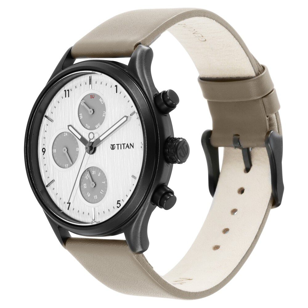 Buy Online Titan Neo Silver Quartz Multifunction Leather Strap
