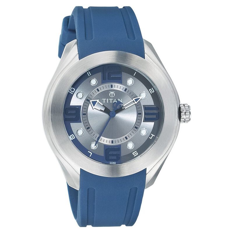 Titan Quartz Analog Silver Dial Plastic Strap Watch for Men