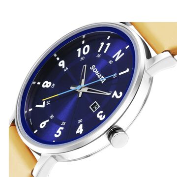 Sonata Force Quartz Analog with Date Blue Dial Leather Strap Watch for Men