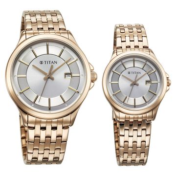 Titan Bandhan Quartz Analog with Date Silver Dial Rose Gold Stainless Steel Strap Watch For Couple