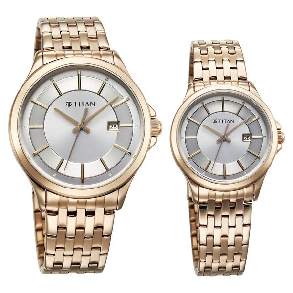 Titan Bandhan Quartz Analog with Date Silver Dial Rose Gold Stainless Steel Strap Watch For Couple - image number 1