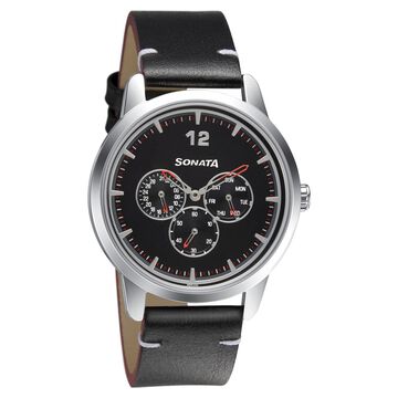 Sonata Quartz Analog Black Dial Leather Strap Watch for Men