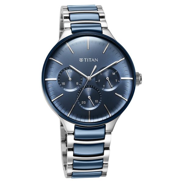 Titan Ceramic Fusion Quartz Multifunction Blue Dial Silver Dual-Toned Stainless Steel Bracelet Watch for Men - image number 2