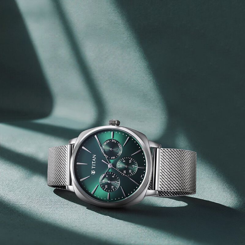 Titan Classique Suave Quartz Green Dial Silver Stainless Steel Mesh Strap Watch for Men