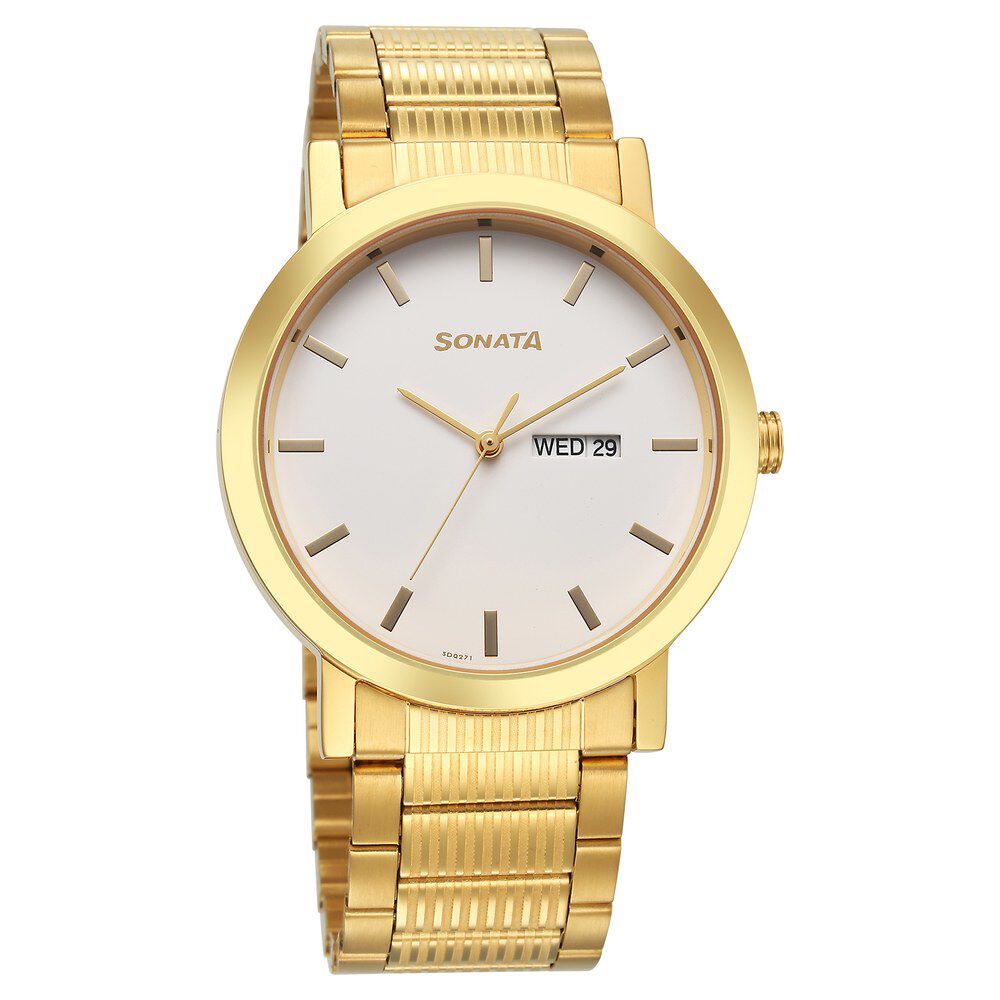 Buy Online Sonata Utsav Quartz Analog with Day and Date White Dial Stainless Steel Strap Watch for Men 77108ym13 Titan