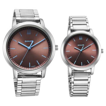 Sonata Alloy Pairs Quartz Analog Grey Stainless Steel Strap for Couple