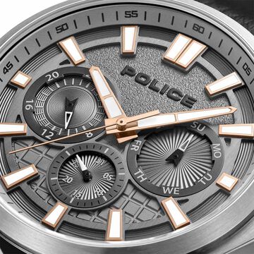 Police Quartz Multifunction Grey Dial Black Leather Strap Watch For Men