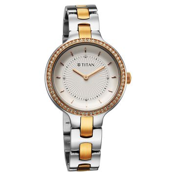 Titan Purple Glamour Quartz Analog White Dial Two Toned Stainless Steel Strap Watch For Women