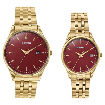 Sonata Jashn Quartz Analog Red Dial Golden Metal Strap Watch For Couple