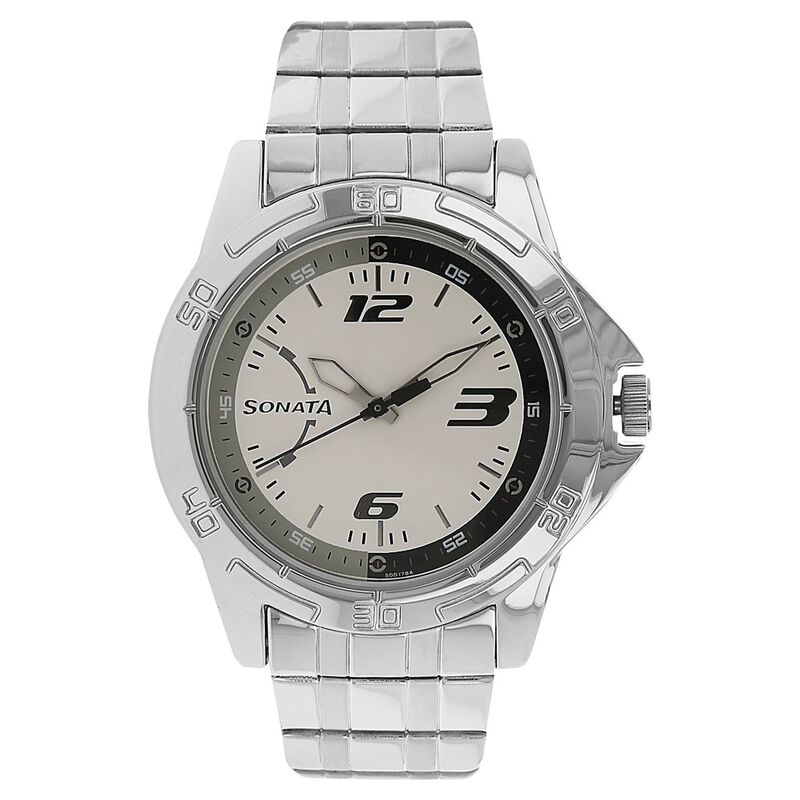 Sonata Quartz Analog White Dial Stainless Steel Strap Watch for Men