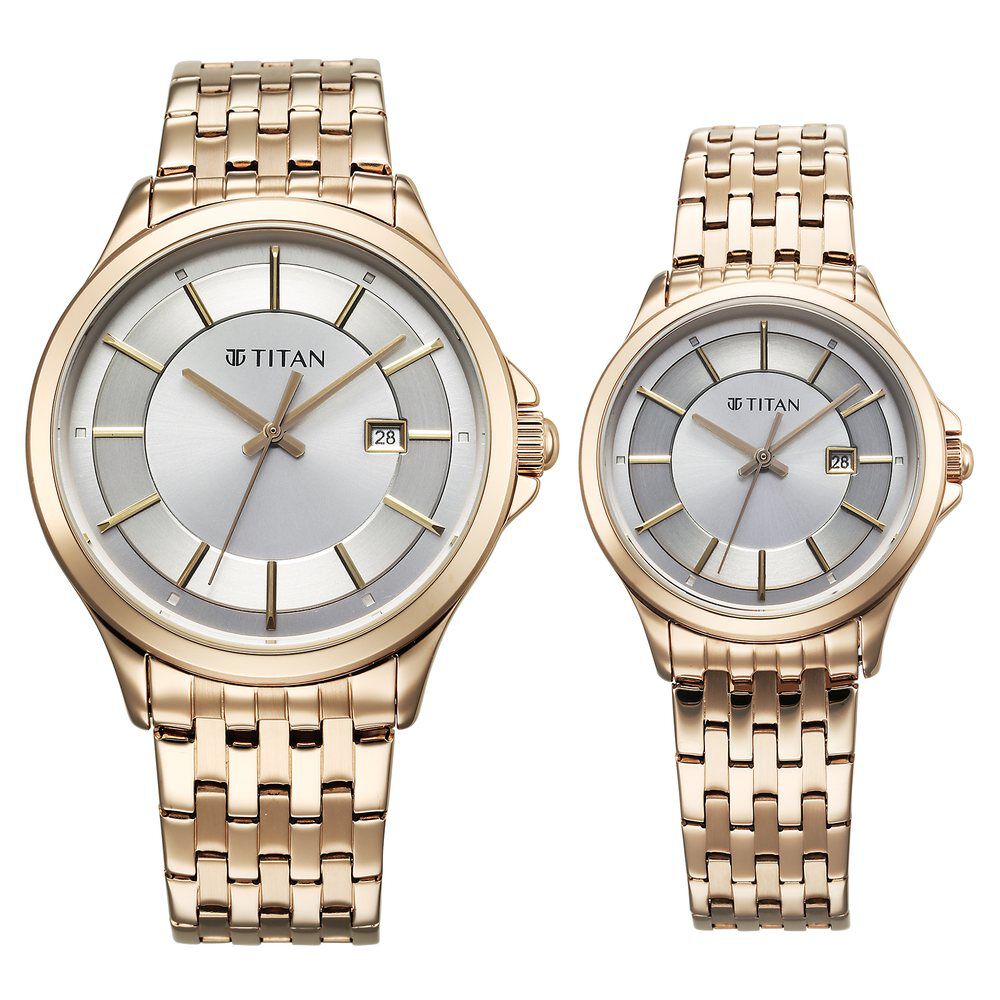 Buy Online Titan Bandhan Quartz Analog with Date Silver Dial Rose Gold Stainless Steel Strap Watch For Couple 9401194211wm01 Titan