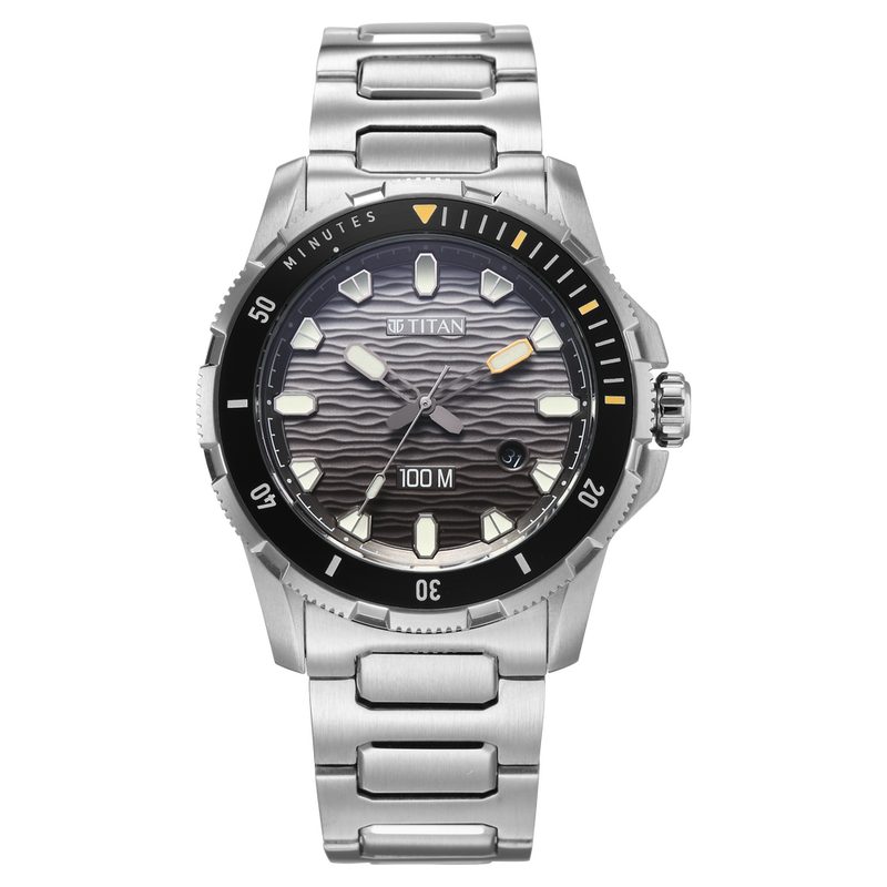 Titan Zero Hour Diver's 100m Analog with Black Dial Silver Stainless Steel Strap Watch for Men
