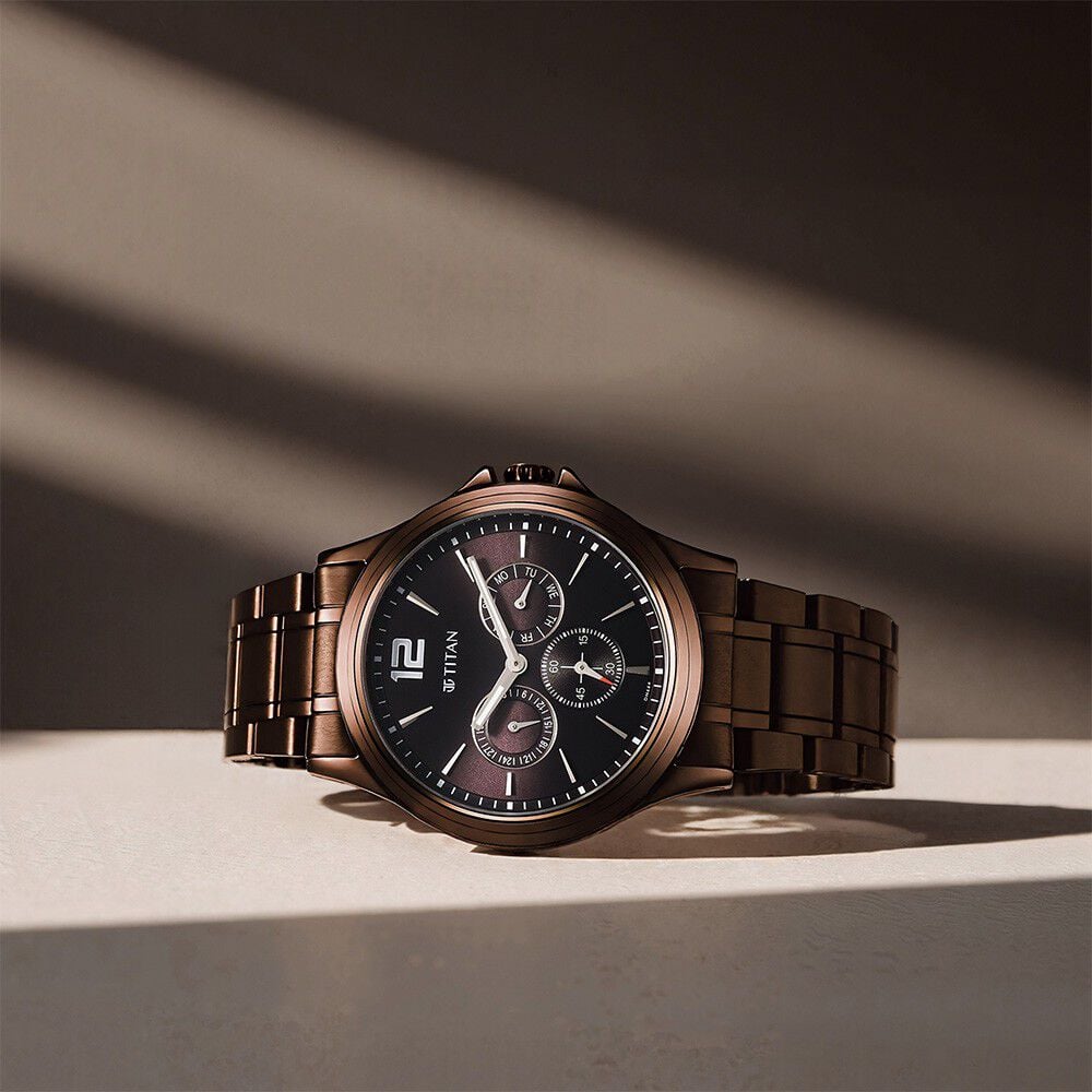 Titan Neo Splash Quartz Multifunction Brown Dial Stainless Steel Strap Watch for Men-picture-33