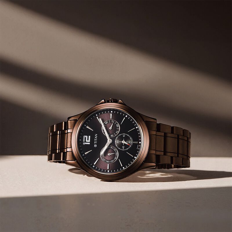 Titan Neo Splash Quartz Multifunction Brown Dial Stainless Steel Strap Watch for Men