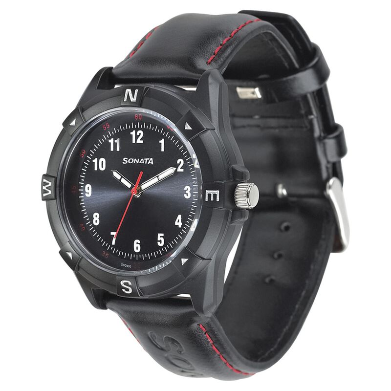 Sonata Quartz Analog Black Dial Leather Strap Watch for Men