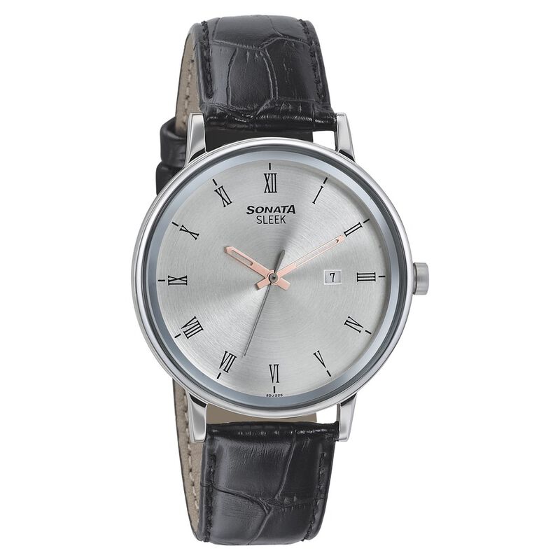 Sonata Quartz Analog Silver Dial Leather Strap Watch for Men
