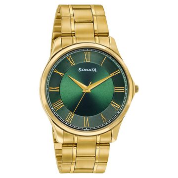 Sonata Traditional Essentials Green Dial Gold-Tone Stainless Steel Strap Watch
