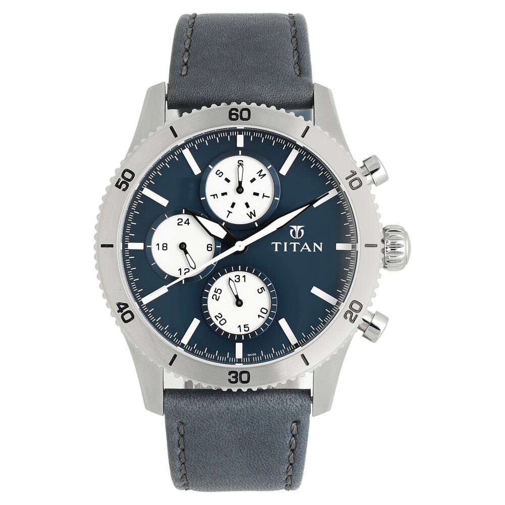 Buy Online Titan Chronograph Blue Dial Leather Strap watch for Men