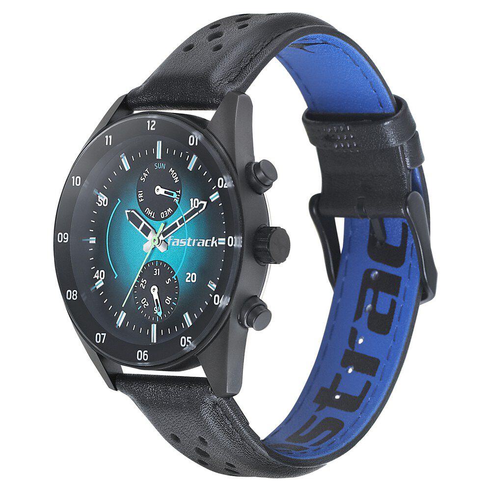 Fastrack Space Rover Quartz Multifunction Blue Dial Leather Strap Watch for Guys