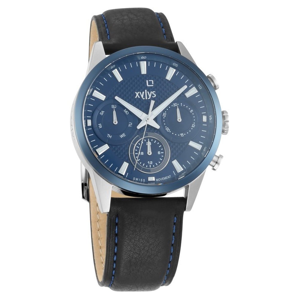 Buy Online Xylys Swiss Multifunction Black Leather Strap and Blue