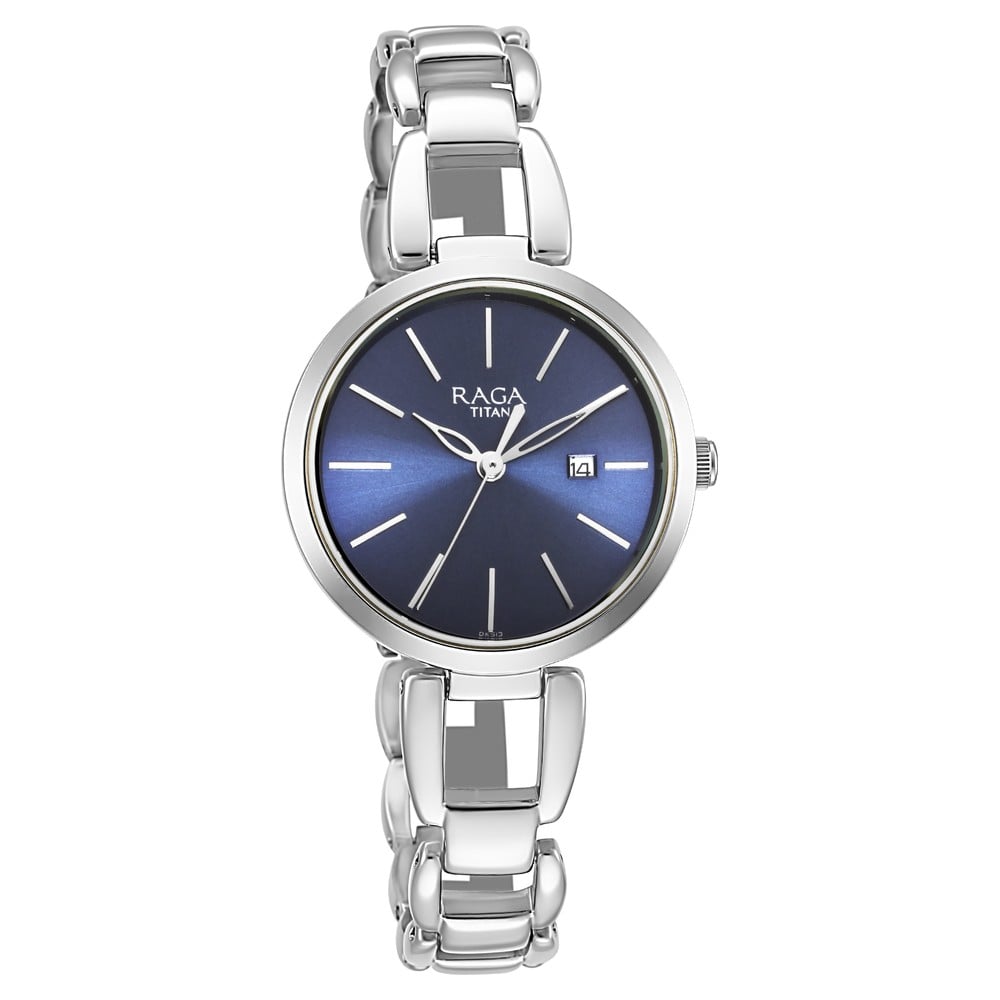 Buy Online Titan Raga Viva Blue Dial Analog with Date Silver Metal Strap Watch for Women ns2642sm02 Titan