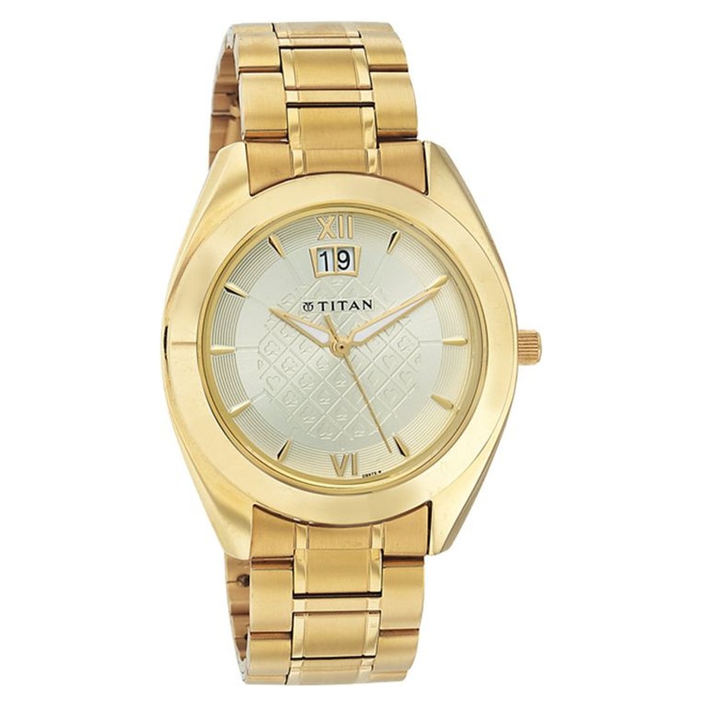 Buy Online Titan Quartz Analog with Date Champagne Dial Watch for Men ne1557ym03 Titan