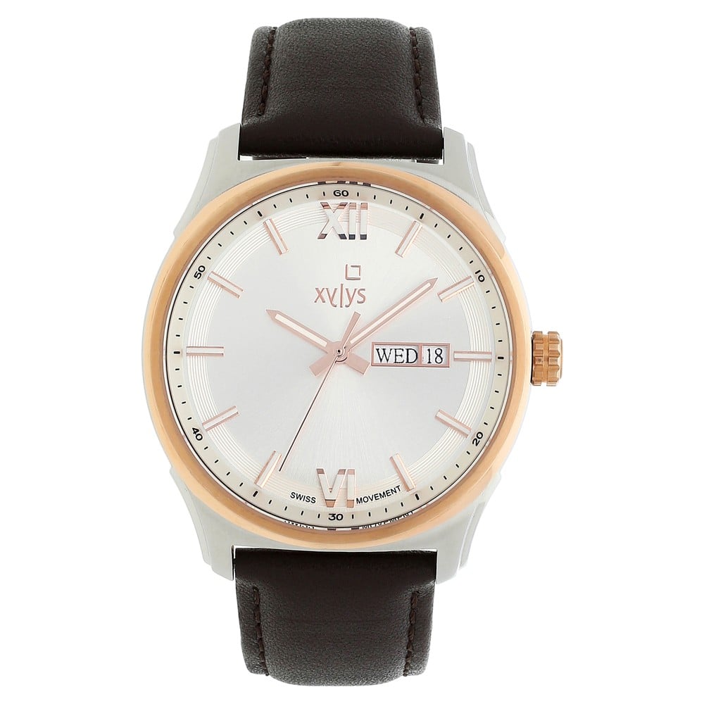 Buy Online Xylys Swiss Analog with Day Date Brown Leather Strap Silver Dial Watch For Men 40023kl01e p Titan