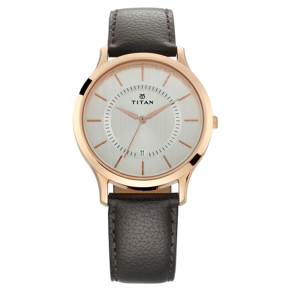Buy Online Titan Analog with Date Silver Dial Quartz Leather Strap