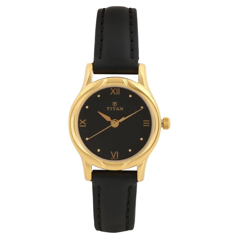 Gold watch black leather strap sales