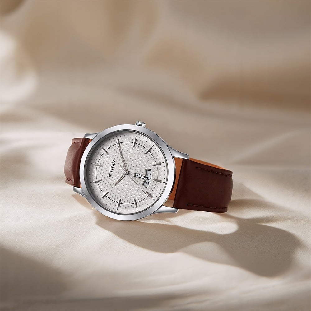Titan Karishma Quartz Analog Silver Dial Leather Strap Watch for Men